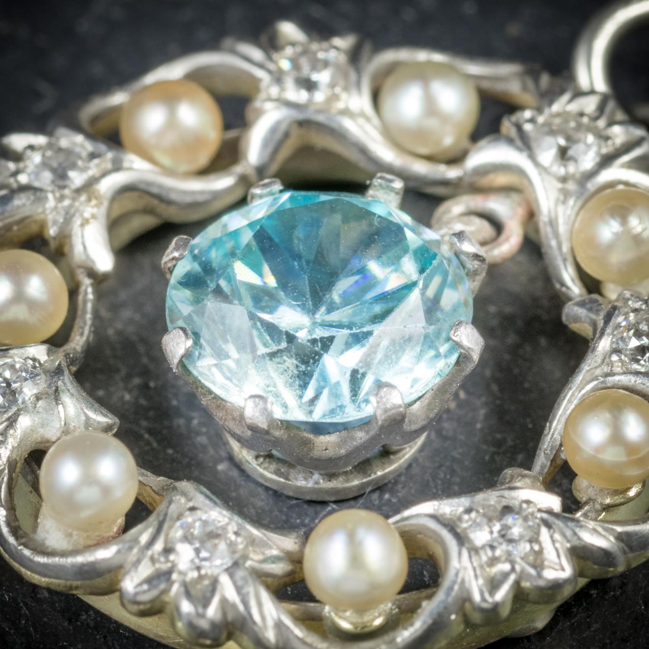 Antique Edwardian Blue Zircon Pendant Diamond Pearl, circa 1915 1