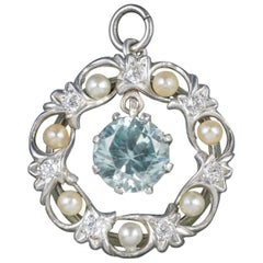 Antique Edwardian Blue Zircon Pendant Diamond Pearl, circa 1915