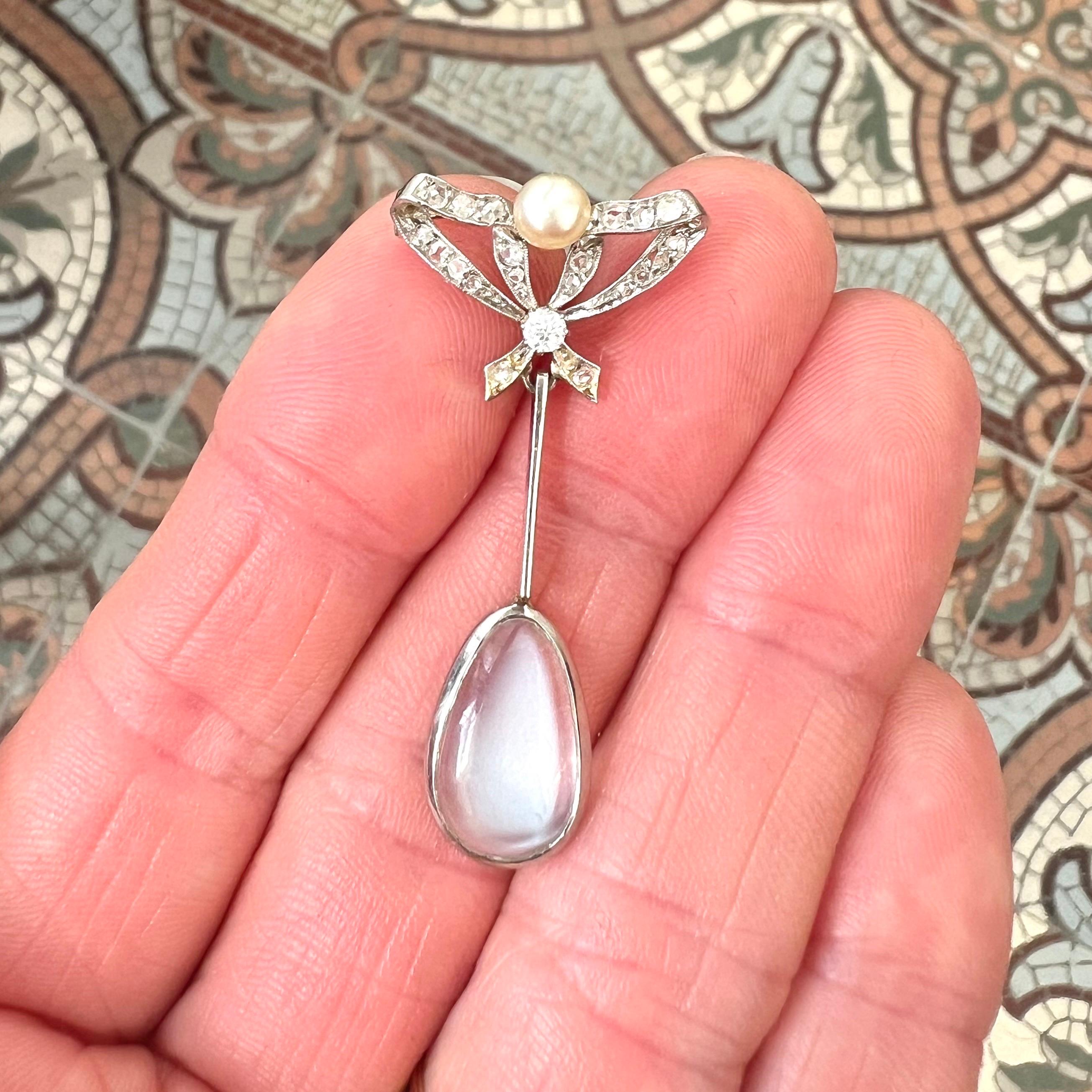 Mixed Cut Antique Edwardian Bow Brooch with Pearl, Diamonds & Moonstone Drop For Sale