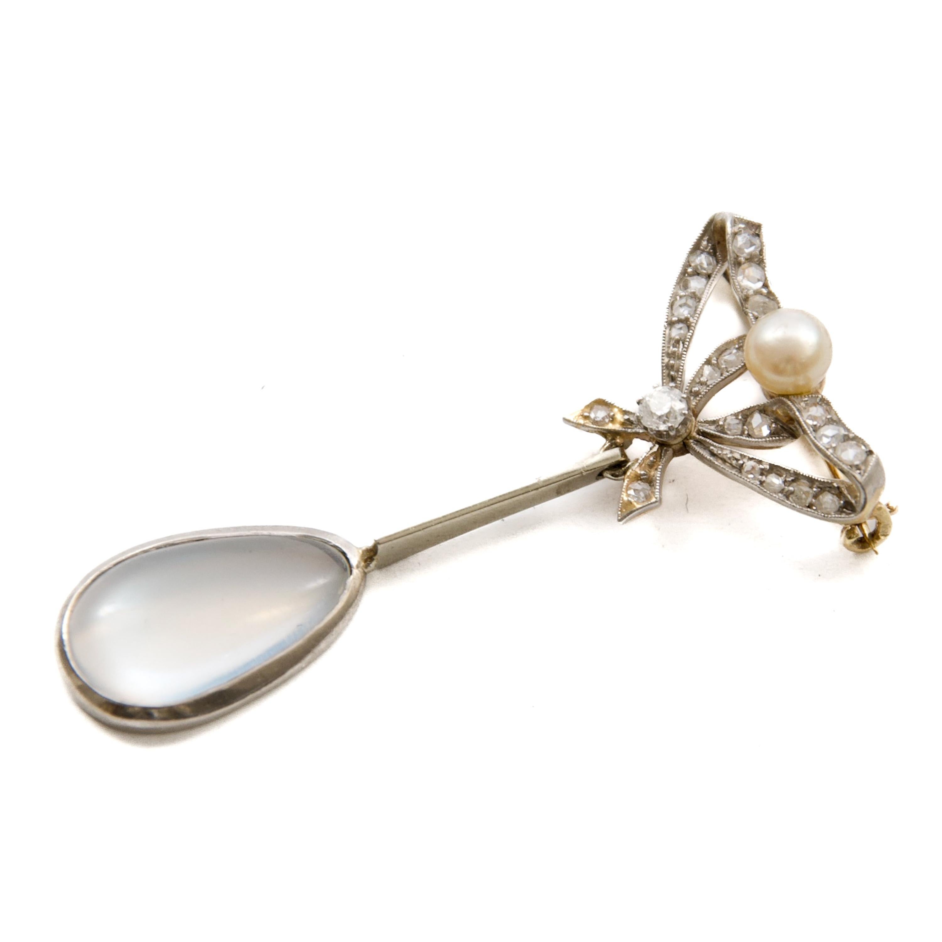 Women's or Men's Antique Edwardian Bow Brooch with Pearl, Diamonds & Moonstone Drop For Sale