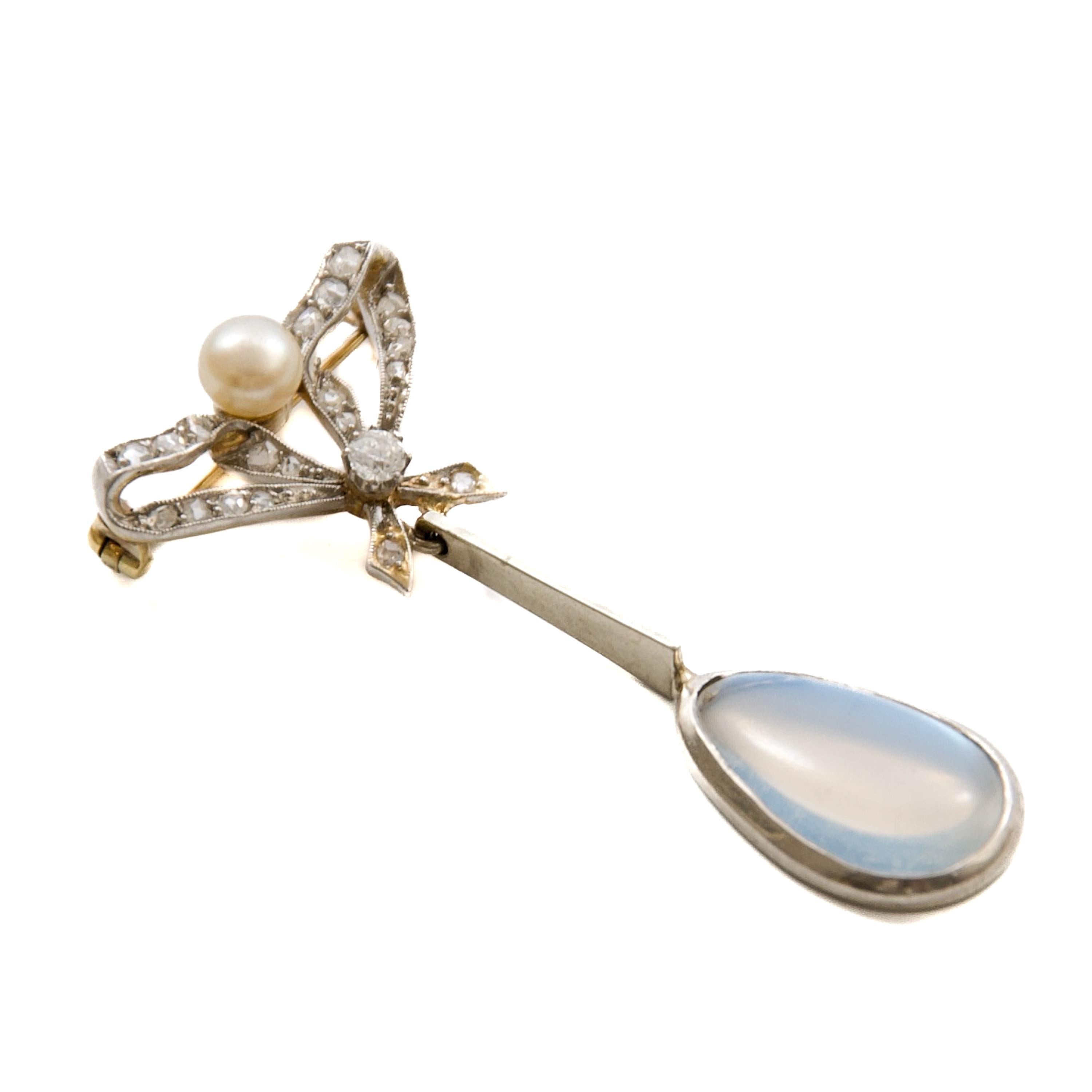 Antique Edwardian Bow Brooch with Pearl, Diamonds & Moonstone Drop For Sale 1