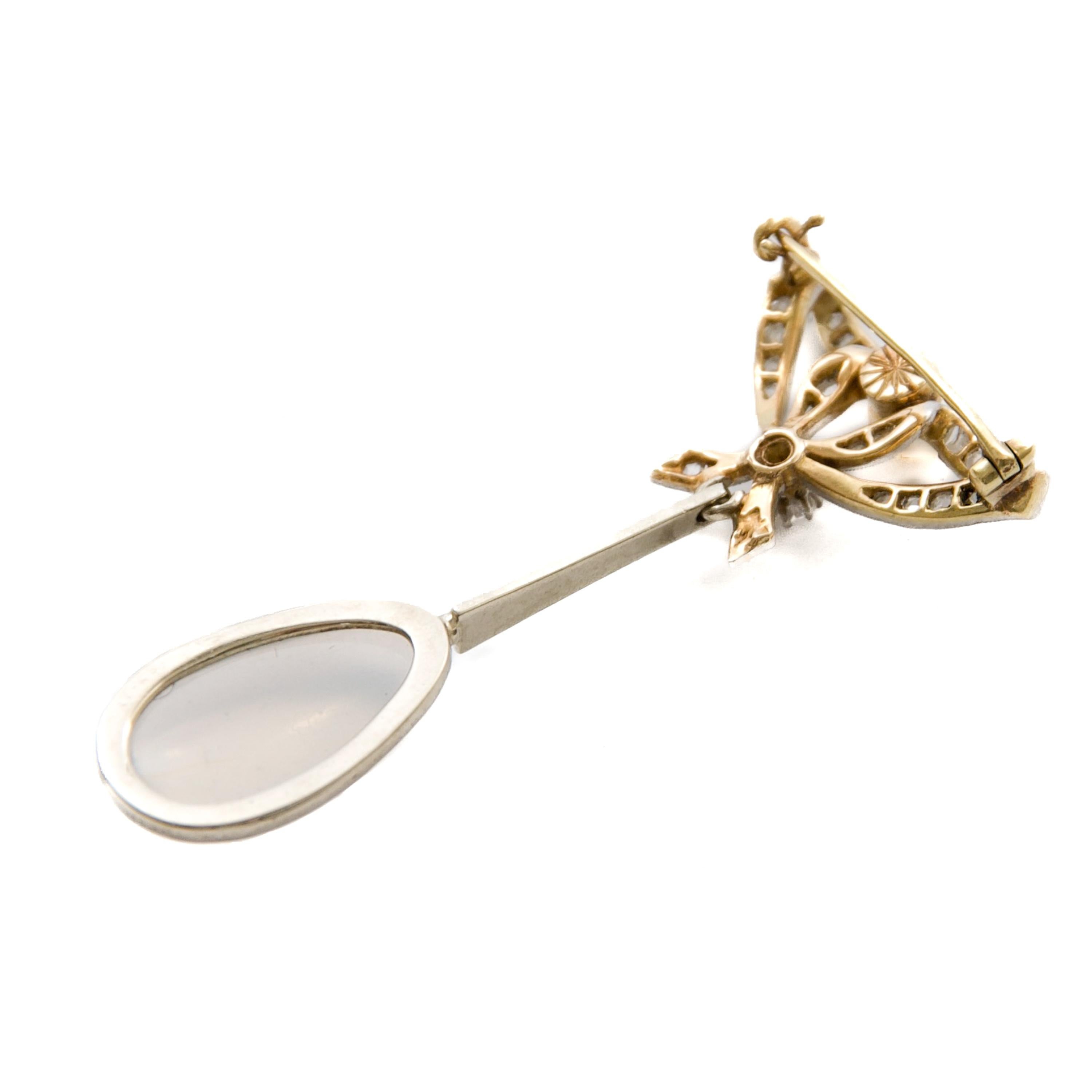 Antique Edwardian Bow Brooch with Pearl, Diamonds & Moonstone Drop For Sale 2