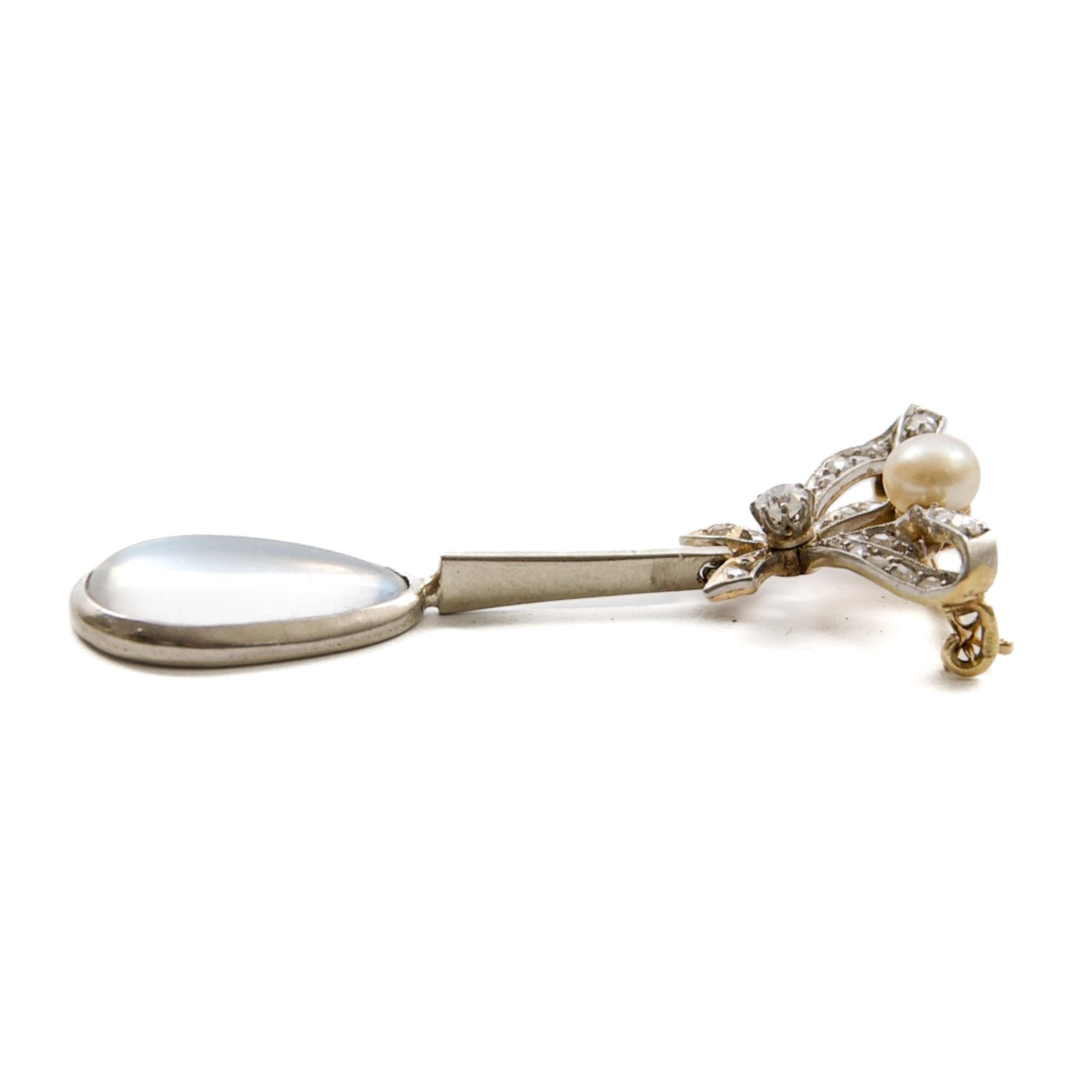 Antique Edwardian Bow Brooch with Pearl, Diamonds & Moonstone Drop For Sale 3