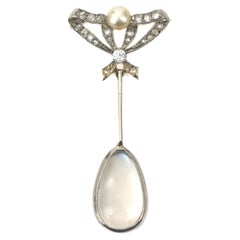 Antique Edwardian Bow Brooch with Pearl, Diamonds & Moonstone Drop