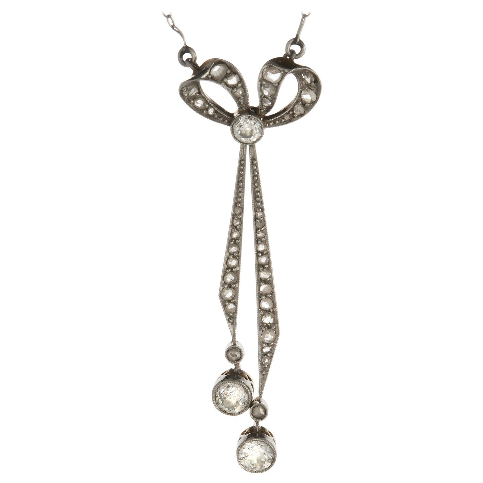 Antique Edwardian Bow Drop Necklace Platinum 14 Karat Gold Vintage Fine Jewelry