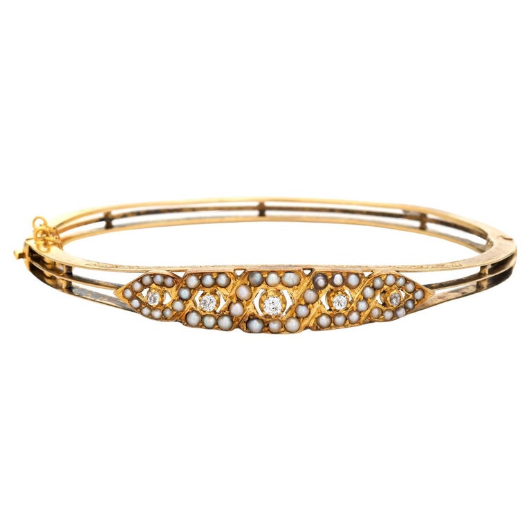 Antique Edwardian Bracelet Pearl Diamond 14k Yellow Gold Bangle Vintage