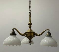 Antique Edwardian Brass & Moonstone Electrolier Ceiling Light