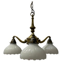 Antique Edwardian Brass & Moonstone Electrolier Ceiling Light
