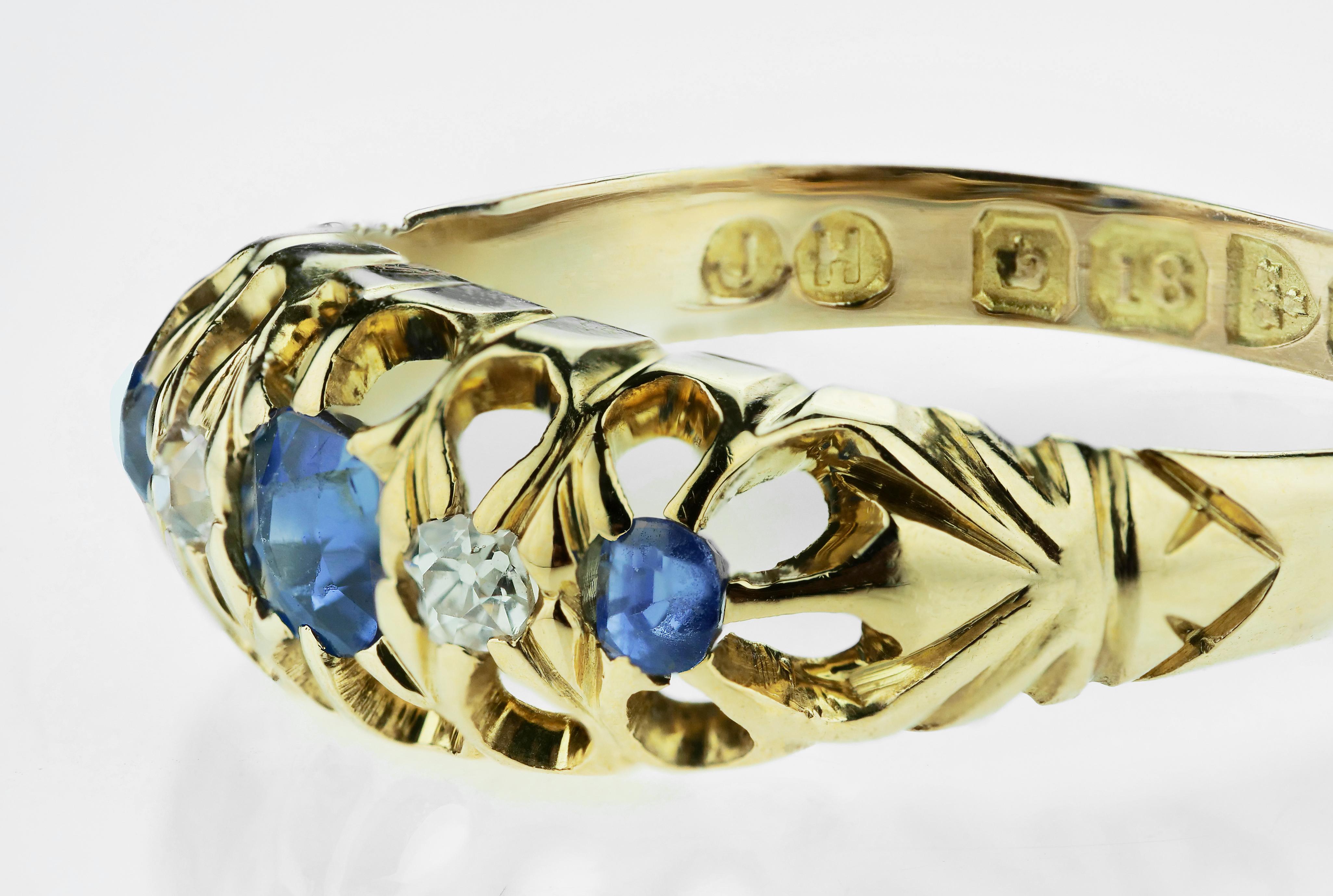 Sapphire and old European cut diamonds in 18k gold, with rare British Hallmarked, town mark Chester 1908, sponsor mark 