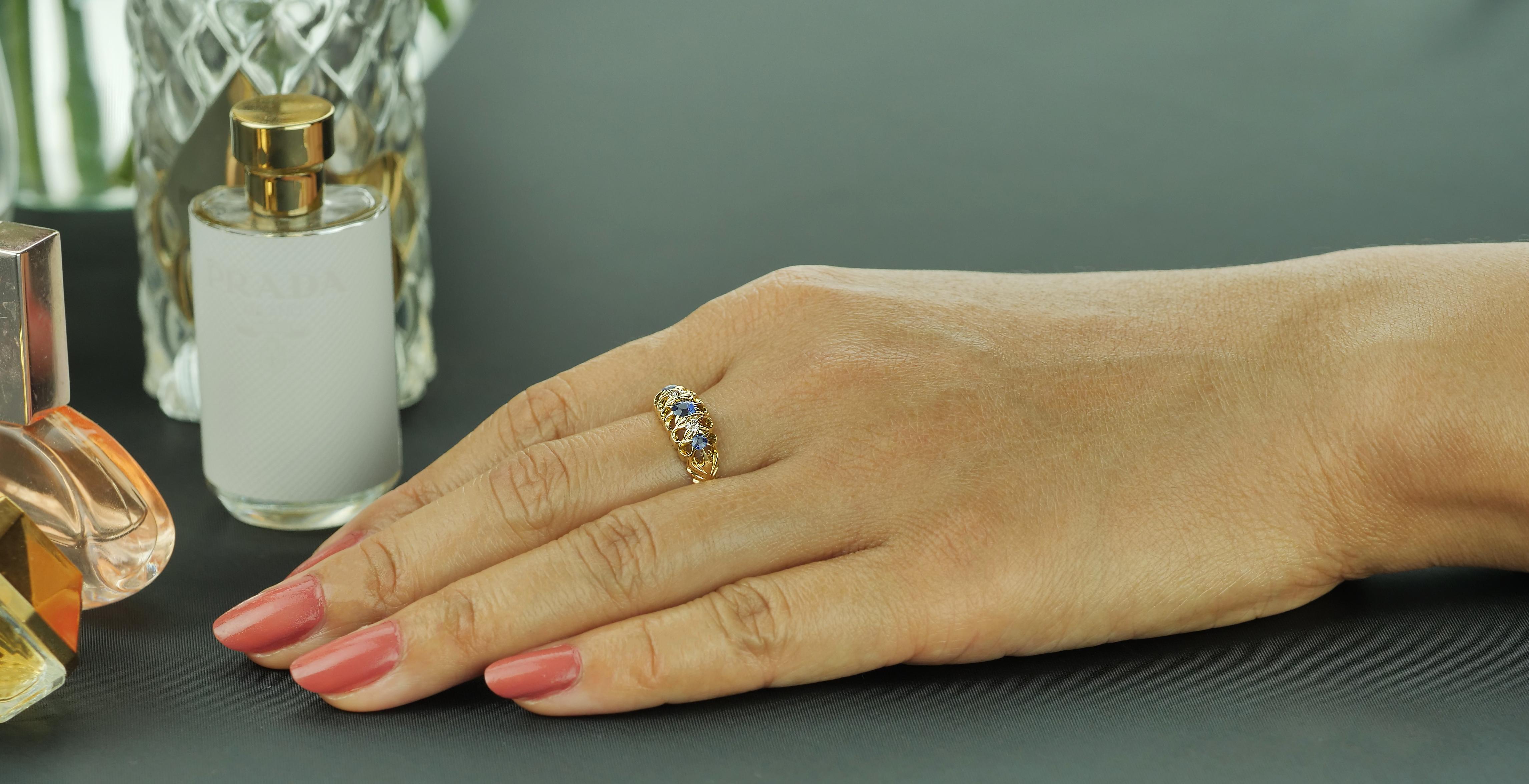Women's Antique Edwardian British Hallmarked 18k Old European Diamond and Sapphire Ring