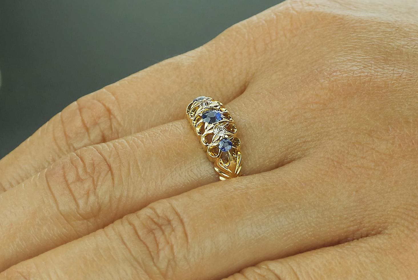 Antique Edwardian British Hallmarked 18k Old European Diamond and Sapphire Ring 1