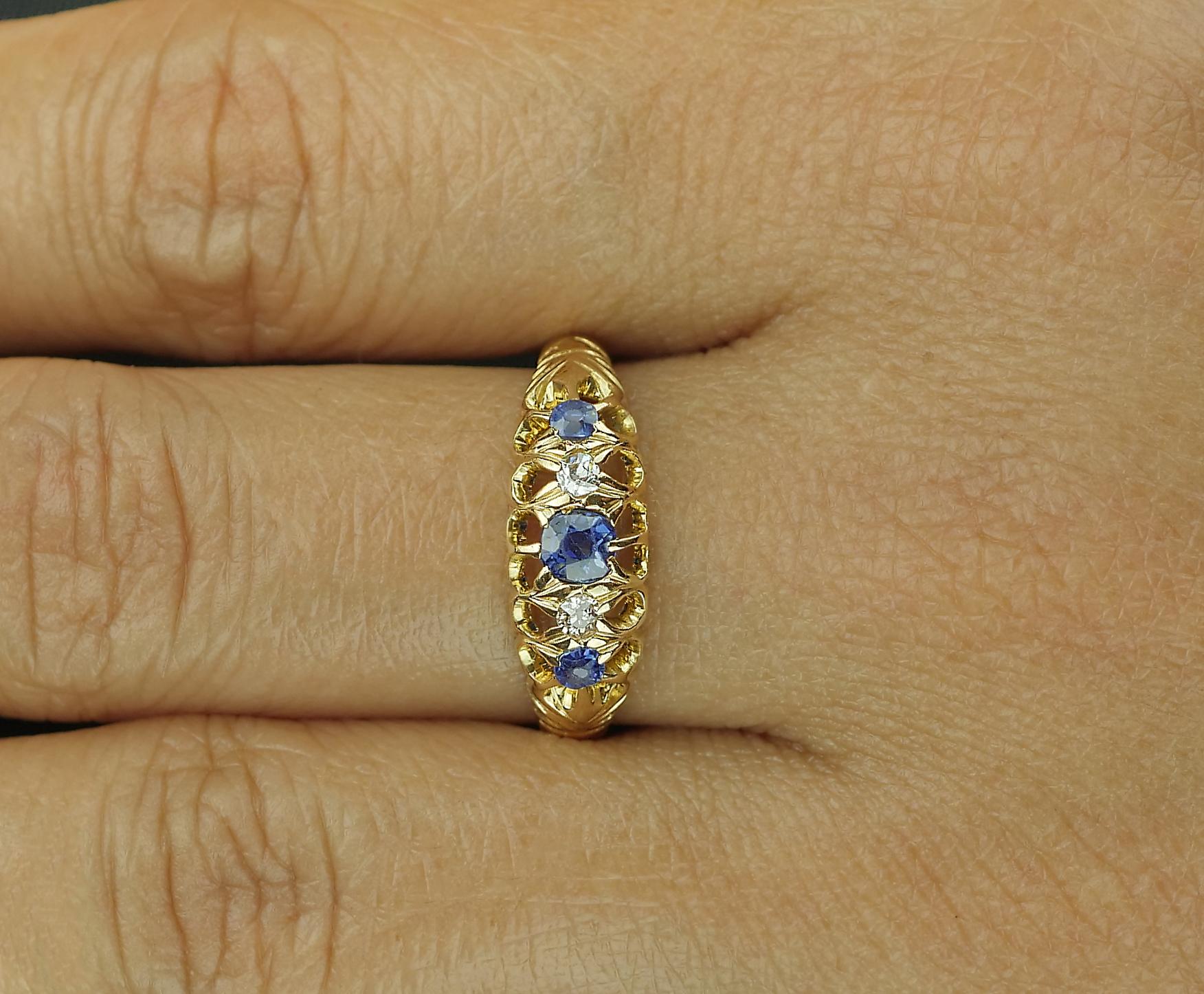 Antique Edwardian British Hallmarked 18k Old European Diamond and Sapphire Ring 3