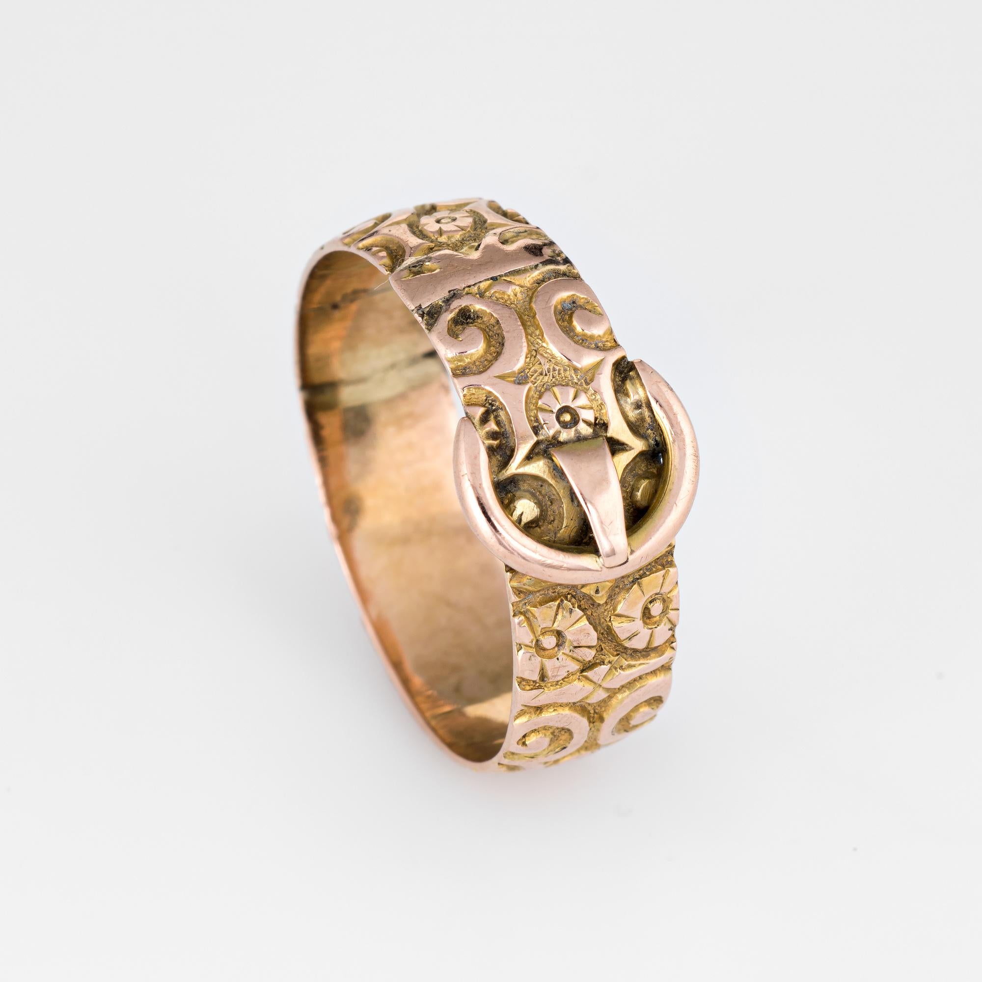 Finely detailed antique buckle ring (circa 1913) crafted in 9 karat rose gold. 

The stylish antique ring features the ever popular buckle design that symbolizes the joining of two lives together. The ring is great worn alone, stacked or as an
