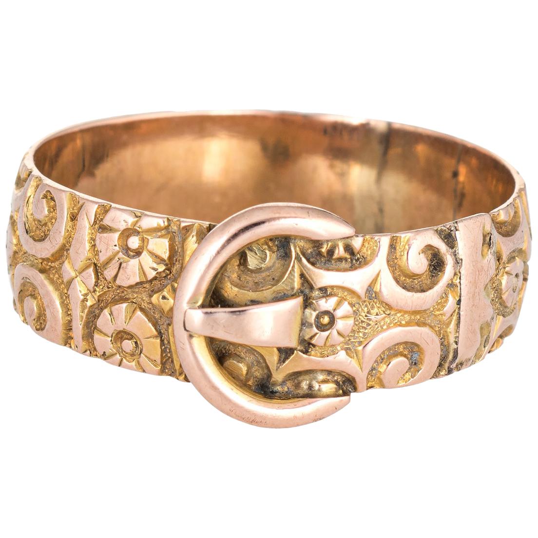Antique Edwardian Buckle Ring Chased 9 Karat Rose Gold Flower Pattern Vintage