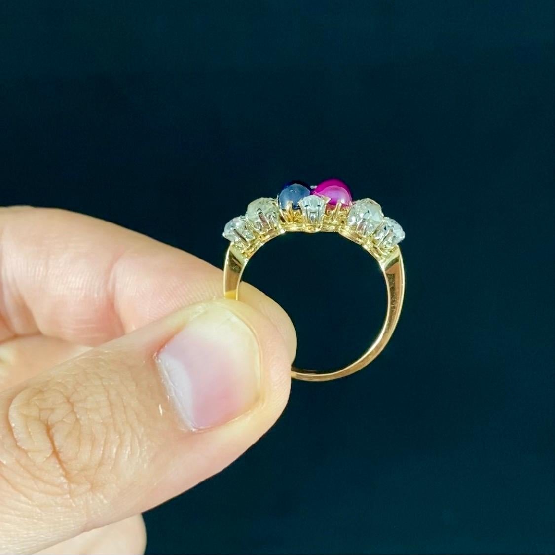 Antique Edwardian Burmese Ruby Sapphire Old Diamond Engagement Ring Gold, 1910s 5