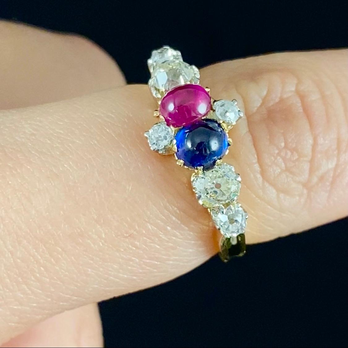 Cabochon Antique Edwardian Burmese Ruby Sapphire Old Diamond Engagement Ring Gold, 1910s