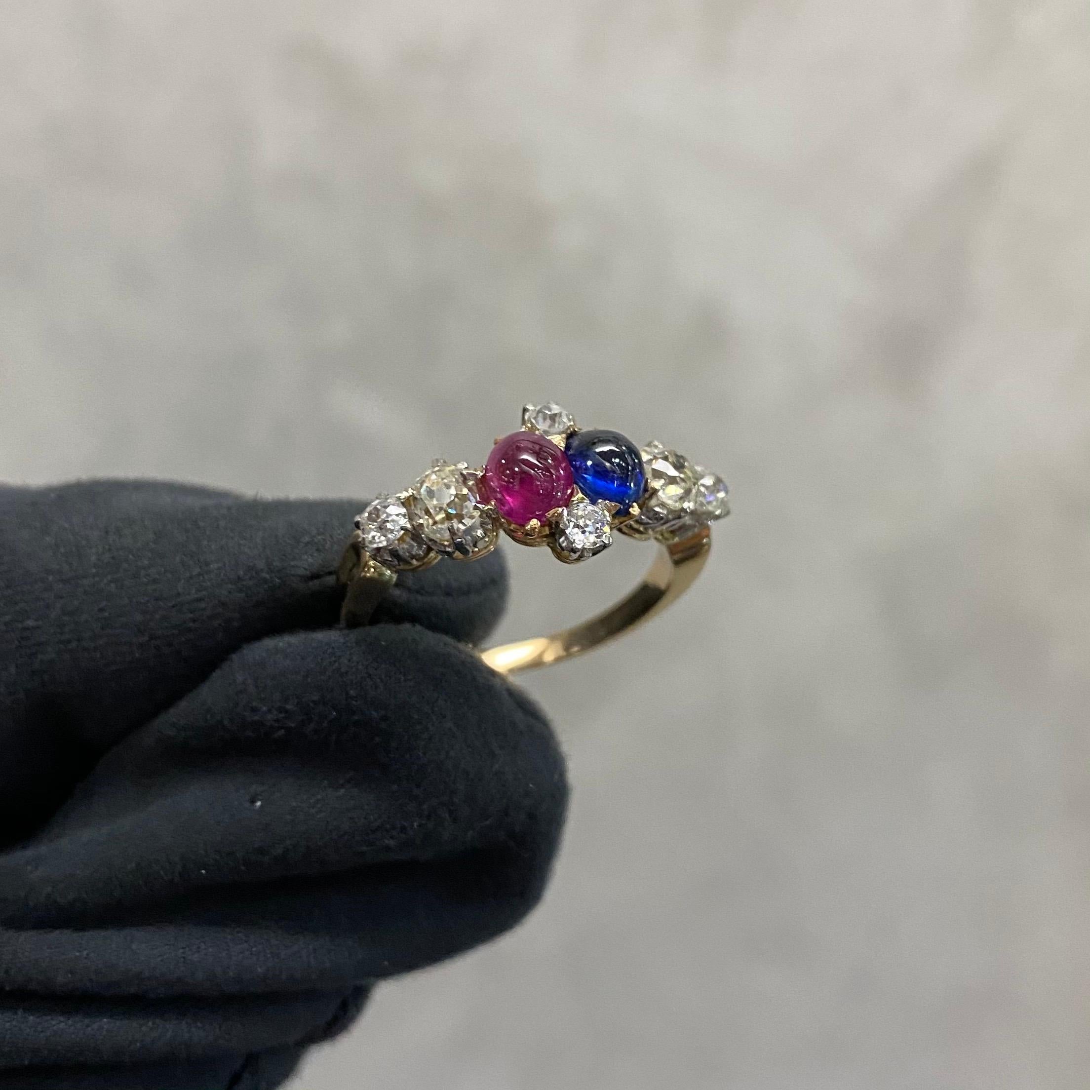 Women's or Men's Antique Edwardian Burmese Ruby Sapphire Old Diamond Engagement Ring Gold, 1910s