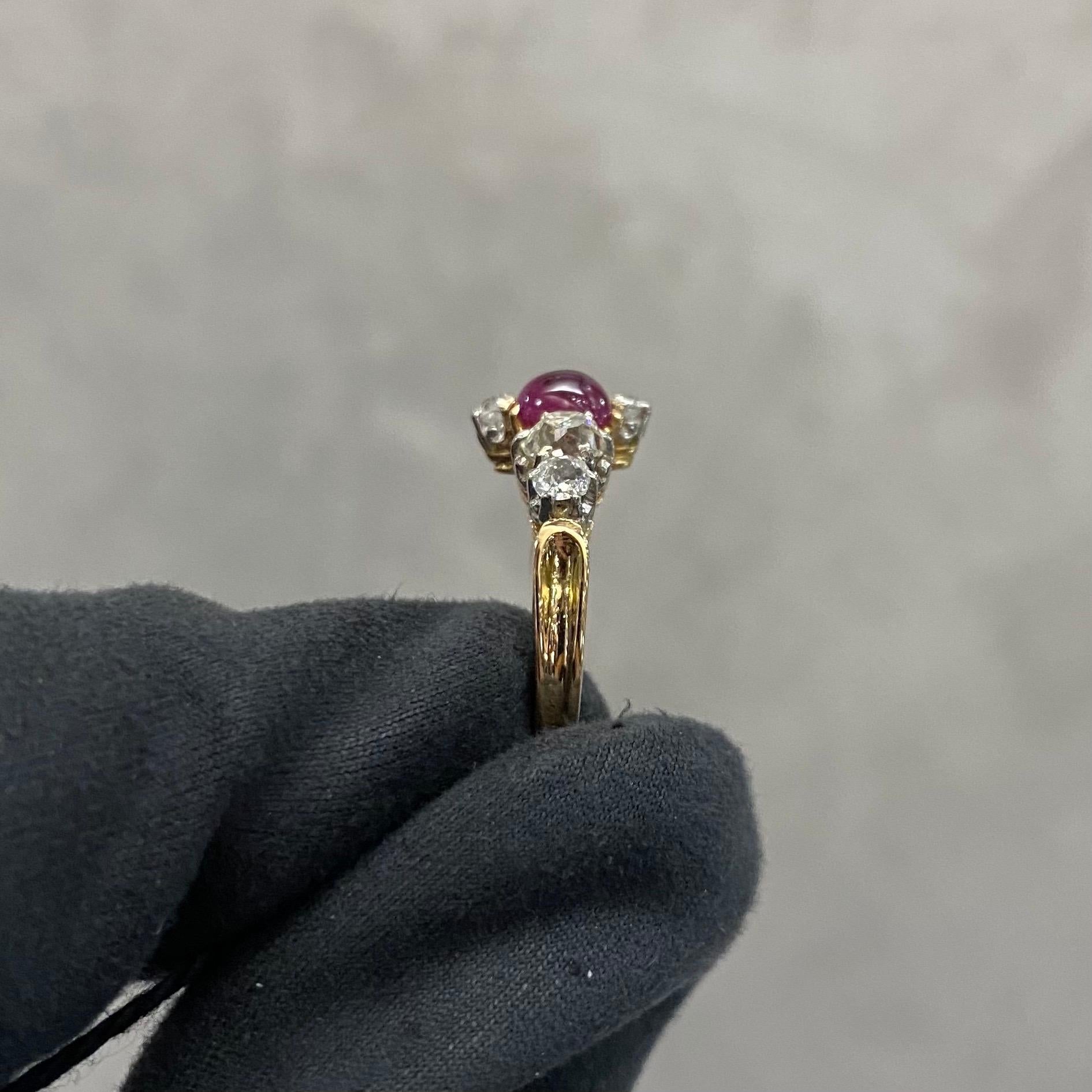 Antique Edwardian Burmese Ruby Sapphire Old Diamond Engagement Ring Gold, 1910s 4