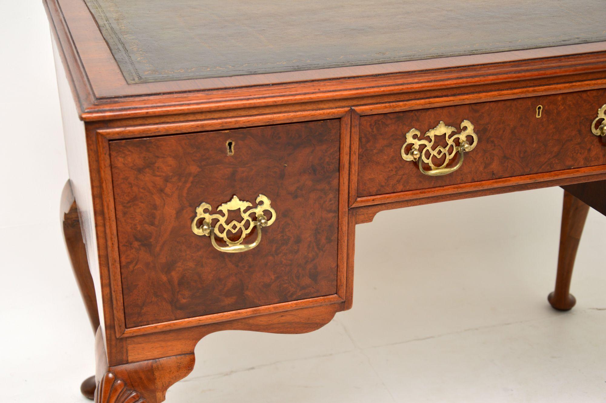 Queen Anne Antique Edwardian Burr Walnut Leather Top Desk