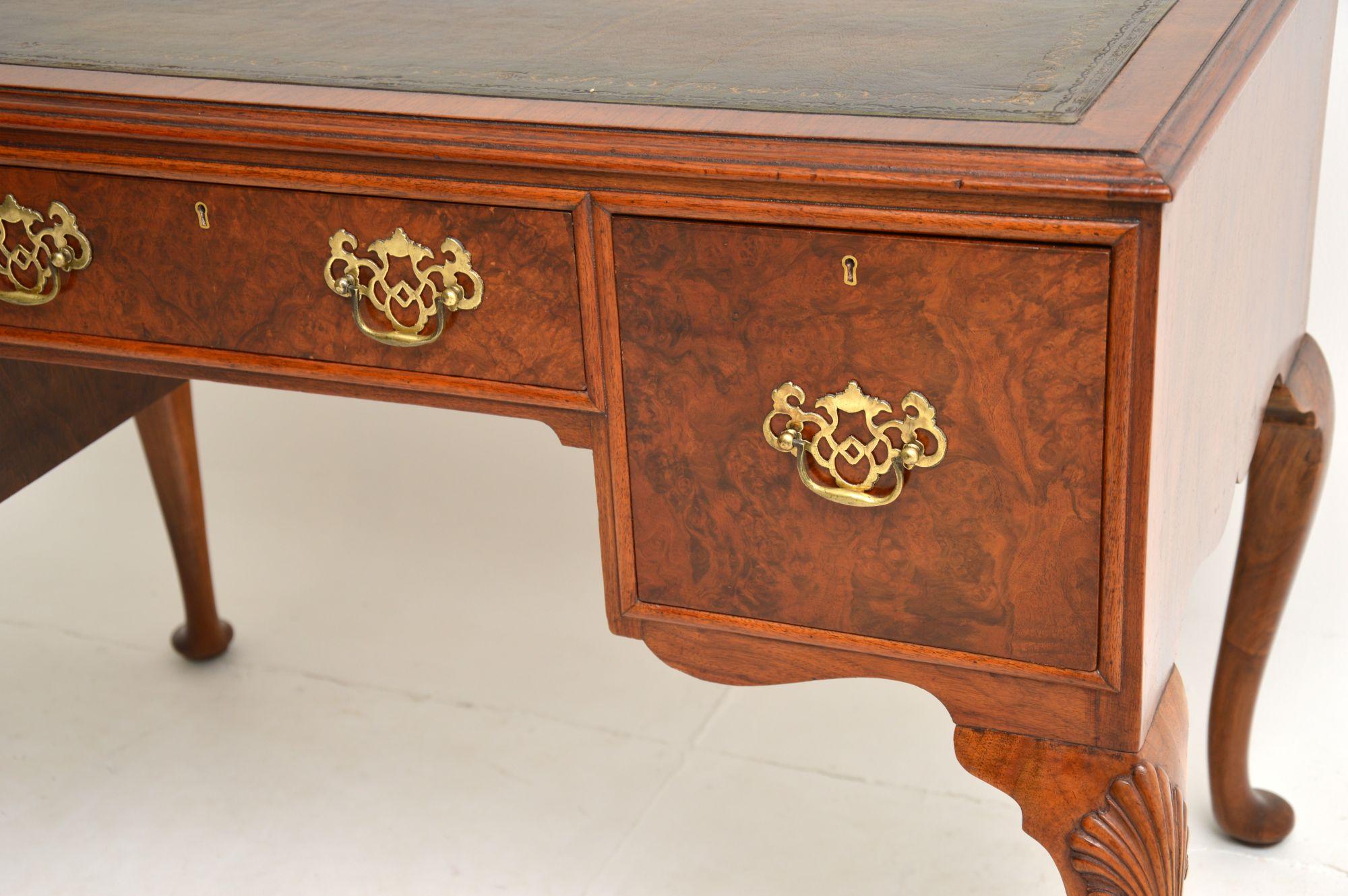 English Antique Edwardian Burr Walnut Leather Top Desk