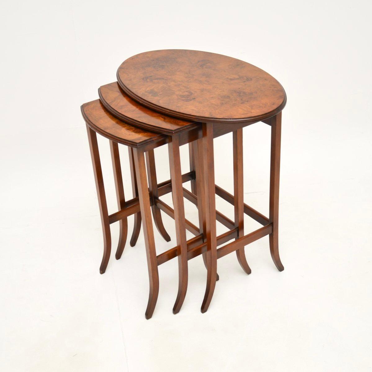 British Antique Edwardian Burr Walnut Nest of Three Tables