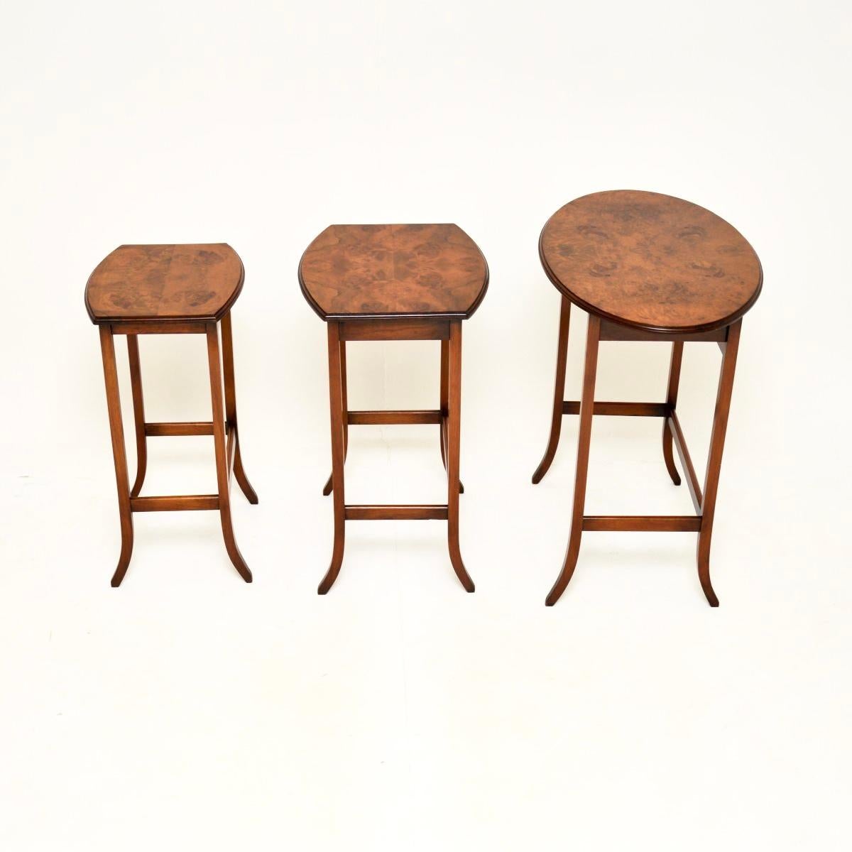 Early 20th Century Antique Edwardian Burr Walnut Nest of Three Tables