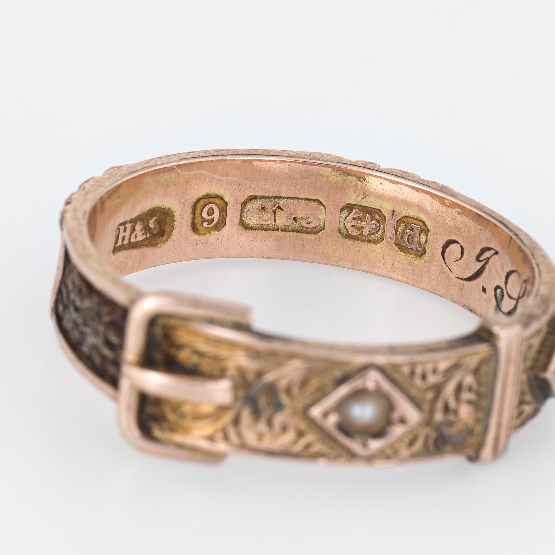 Antique Edwardian circa 1903 Hair Ring Buckle 9 Karat Rose Gold Mourning Jewelry 1