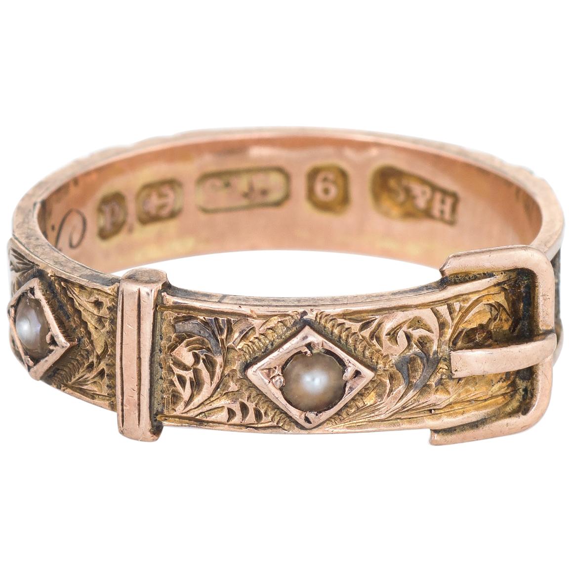 Antique Edwardian circa 1903 Hair Ring Buckle 9 Karat Rose Gold Mourning Jewelry