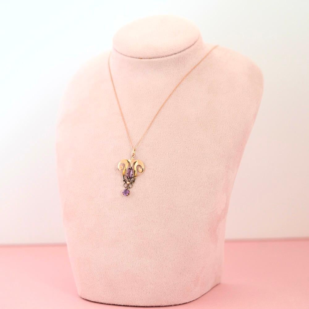 Taglio smeraldo Antique Edwardian c.1910 9ct Rose Gold Amethyst Lavalier Pendant in vendita