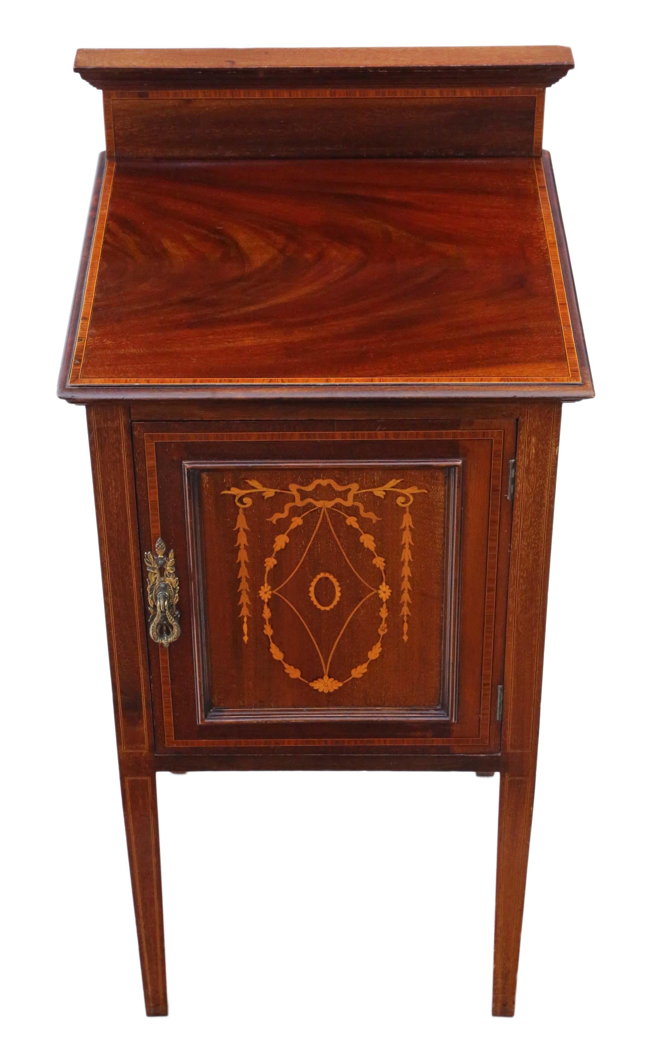Antique Edwardian C1910 Inlaid Mahogany Bedside Table Cupboard In Good Condition In Wisbech, Cambridgeshire