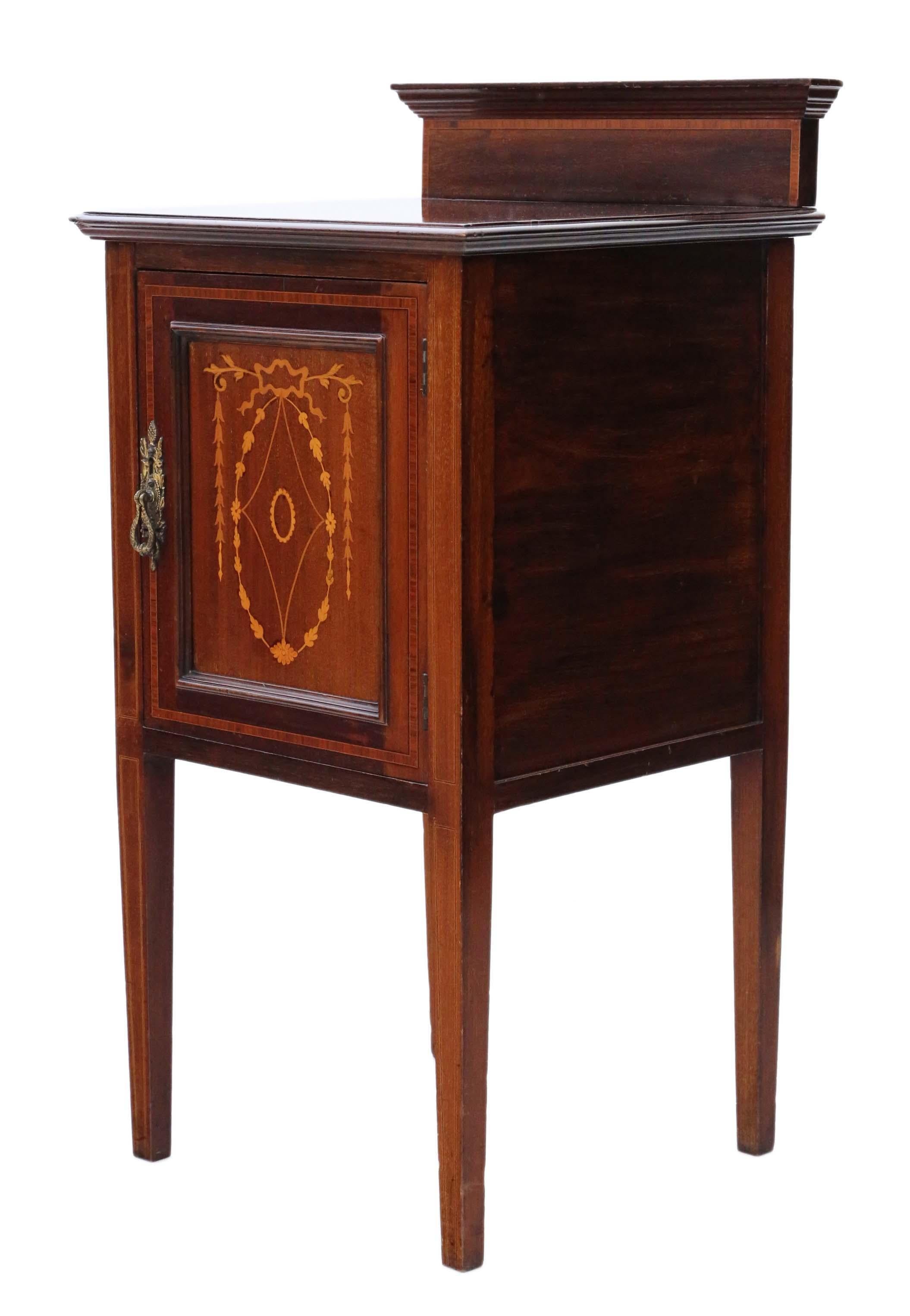 Antique Edwardian C1910 Inlaid Mahogany Bedside Table Cupboard 1