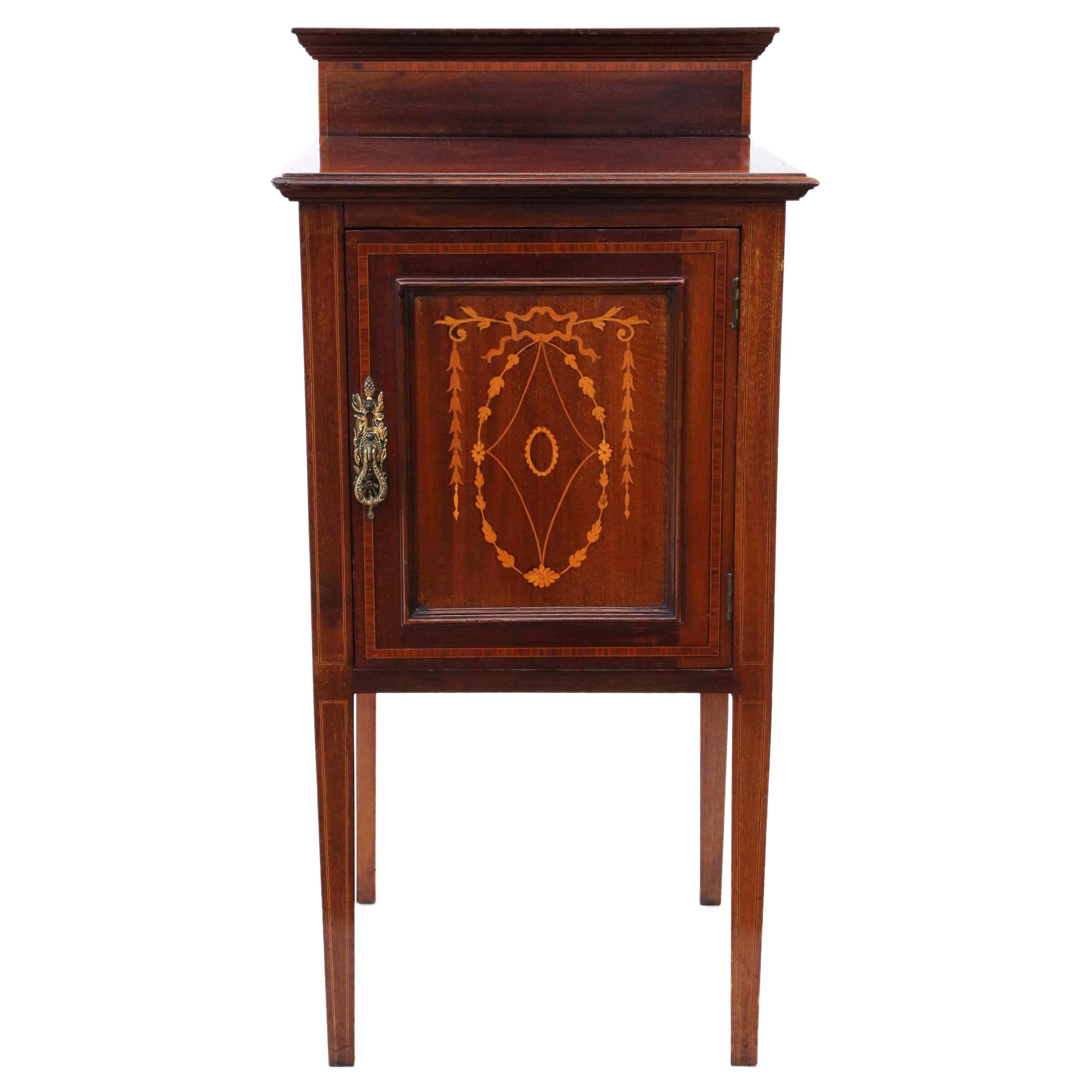 Antique Edwardian C1910 Inlaid Mahogany Bedside Table Cupboard