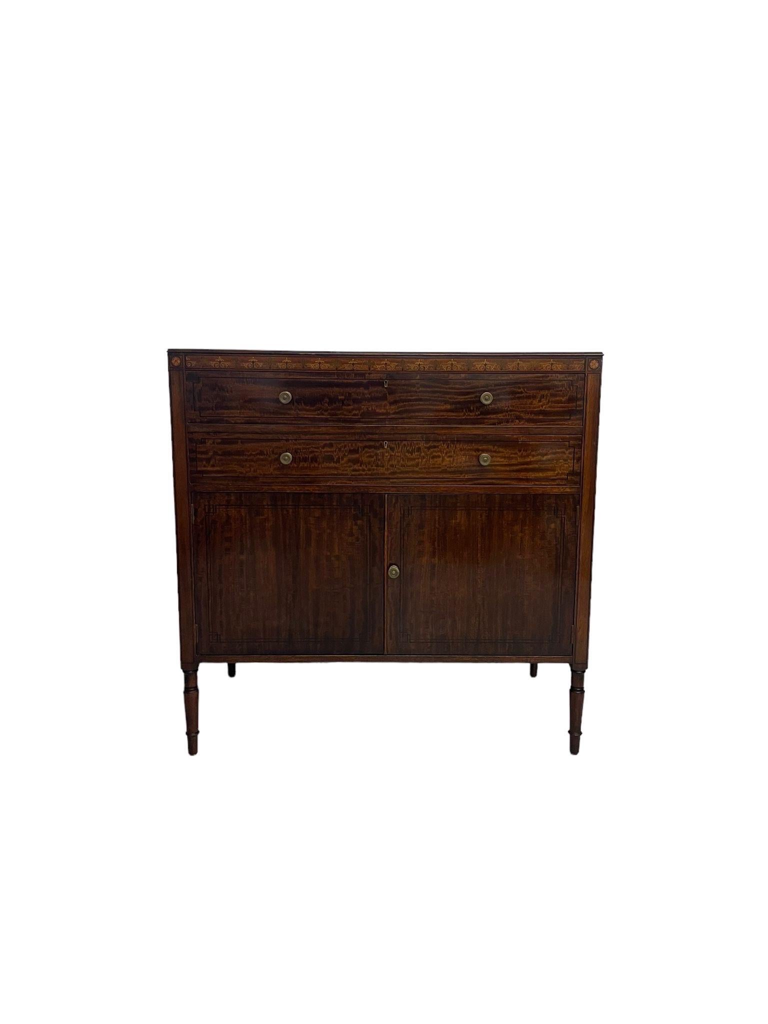 This Antique Buffet had Original Hardware and Dovetail Drawers. Turned Wood Legs , the Wood on this Piece is Possibly Mahogany. Finished Back and Interiors to the Drawers as Pictured. Nice Grain to the Wood inlay Feature Appears to be Handmade.