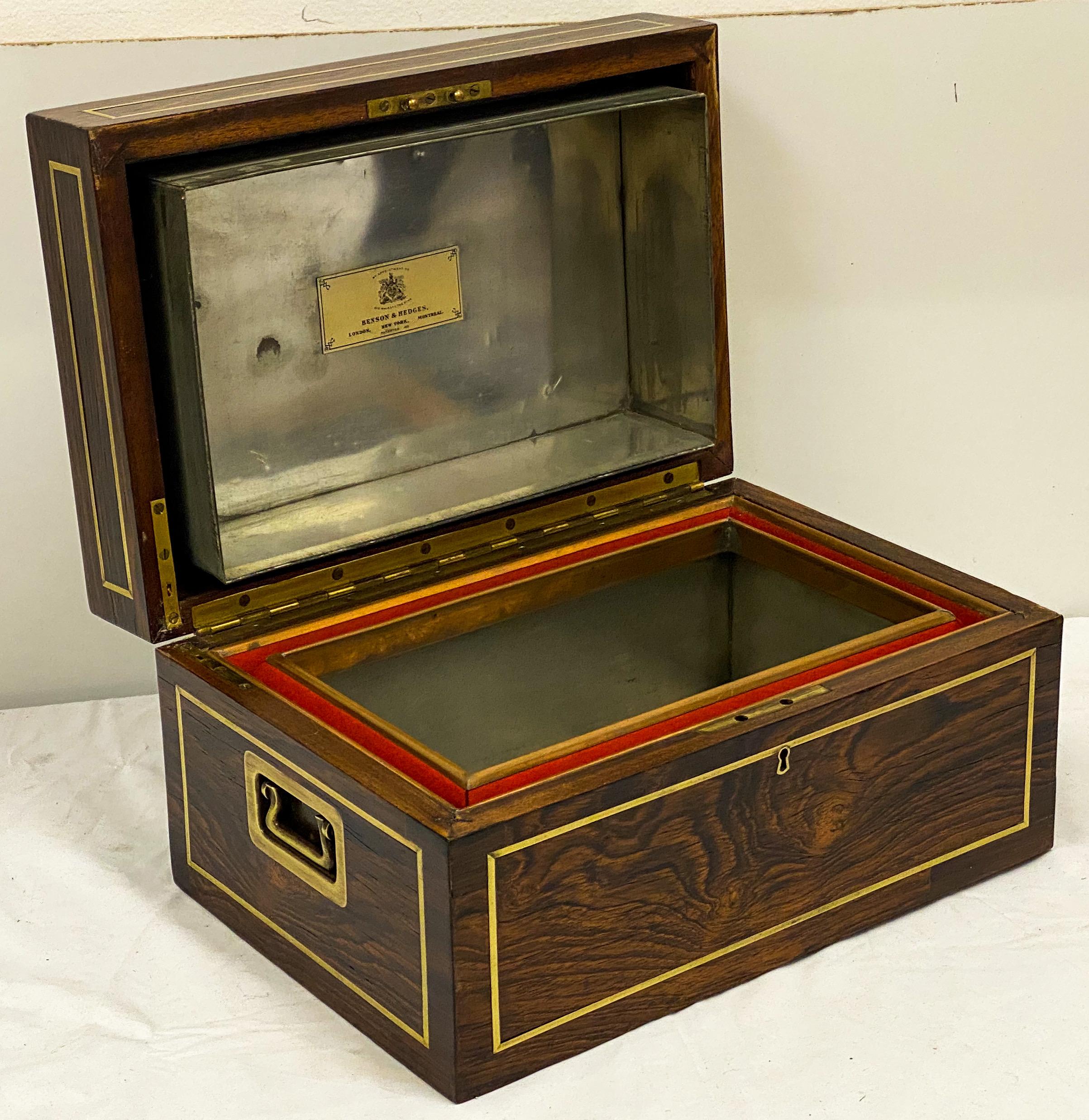 Antique Edwardian Campaign Style Benson & Hedges Rosewood Humidor In Good Condition In Kennesaw, GA