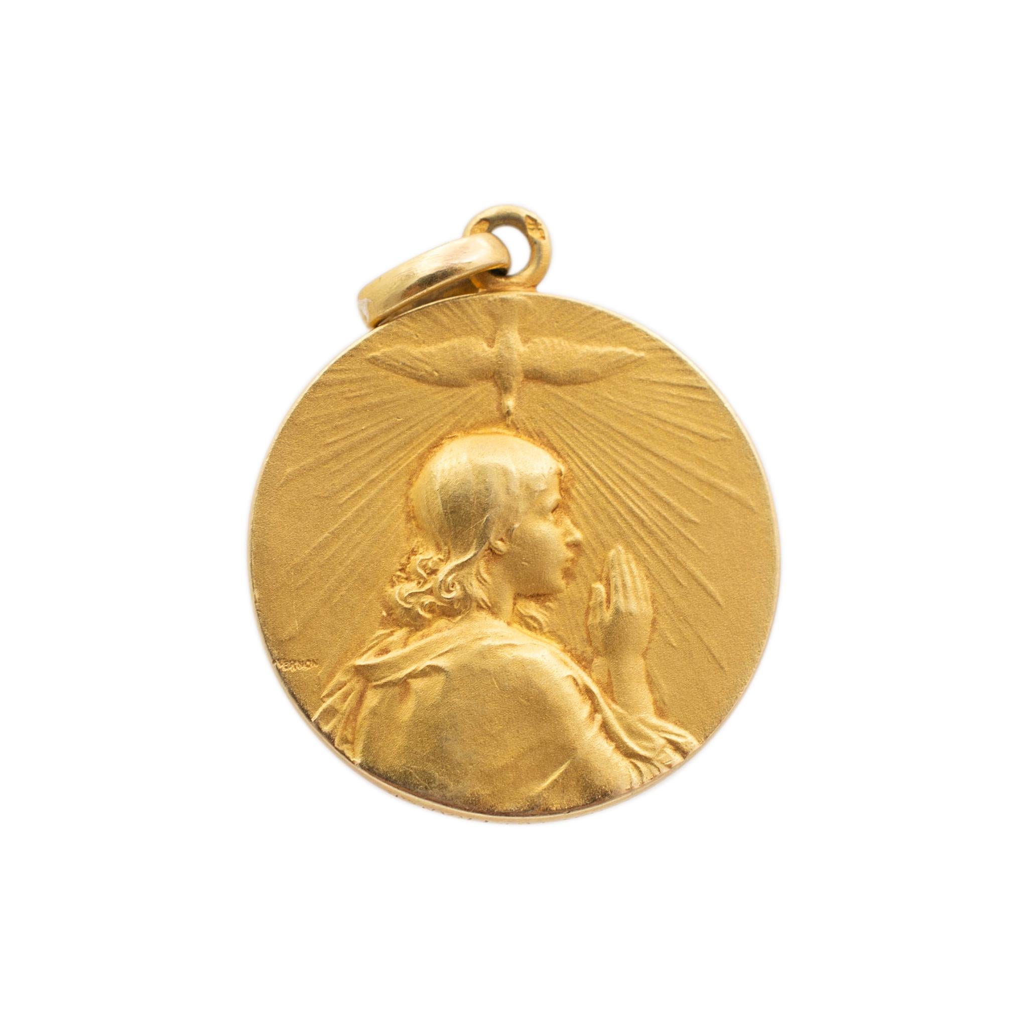 Brand: Cartier

Metal Type: 18K Yellow Gold

Thickness: 2.00 mm

Diameter: 22.80 mm

Weight: 10.25 grams

18K yellow gold religious, Edwardian (1901-1920) medallion pendant. The metal was tested and determined to be 18K yellow gold. Engraved with