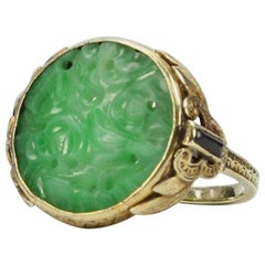 Antique Edwardian Carved Jade Onyx Gold Ring Estate Fine Jewelry