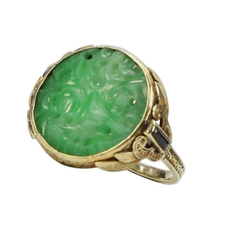 Antique Edwardian Carved Jade Onyx Gold Ring at 1stdibs