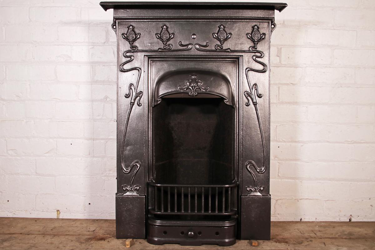 Antique Edwardian Cast Iron Bedroom Fireplace in the Art Nouveau Manner 2