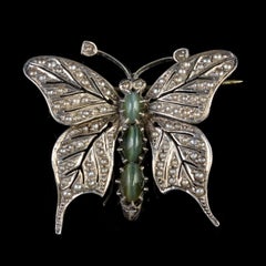Antique Edwardian Cats Eye Pearl Butterfly Brooch Silver, circa 1910