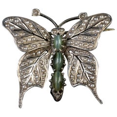 Antique Edwardian Cats Eye Pearl Butterfly Brooch Silver, circa 1910
