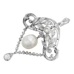 Antique Edwardian Certified Natural Pearl & Old European Diamond Brooch/Pendant