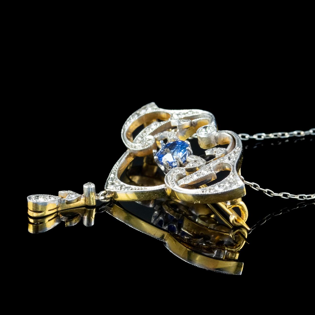 Cushion Cut Antique Edwardian Ceylon Sapphire Diamond Lavaliere Pendant Necklace With Cert For Sale