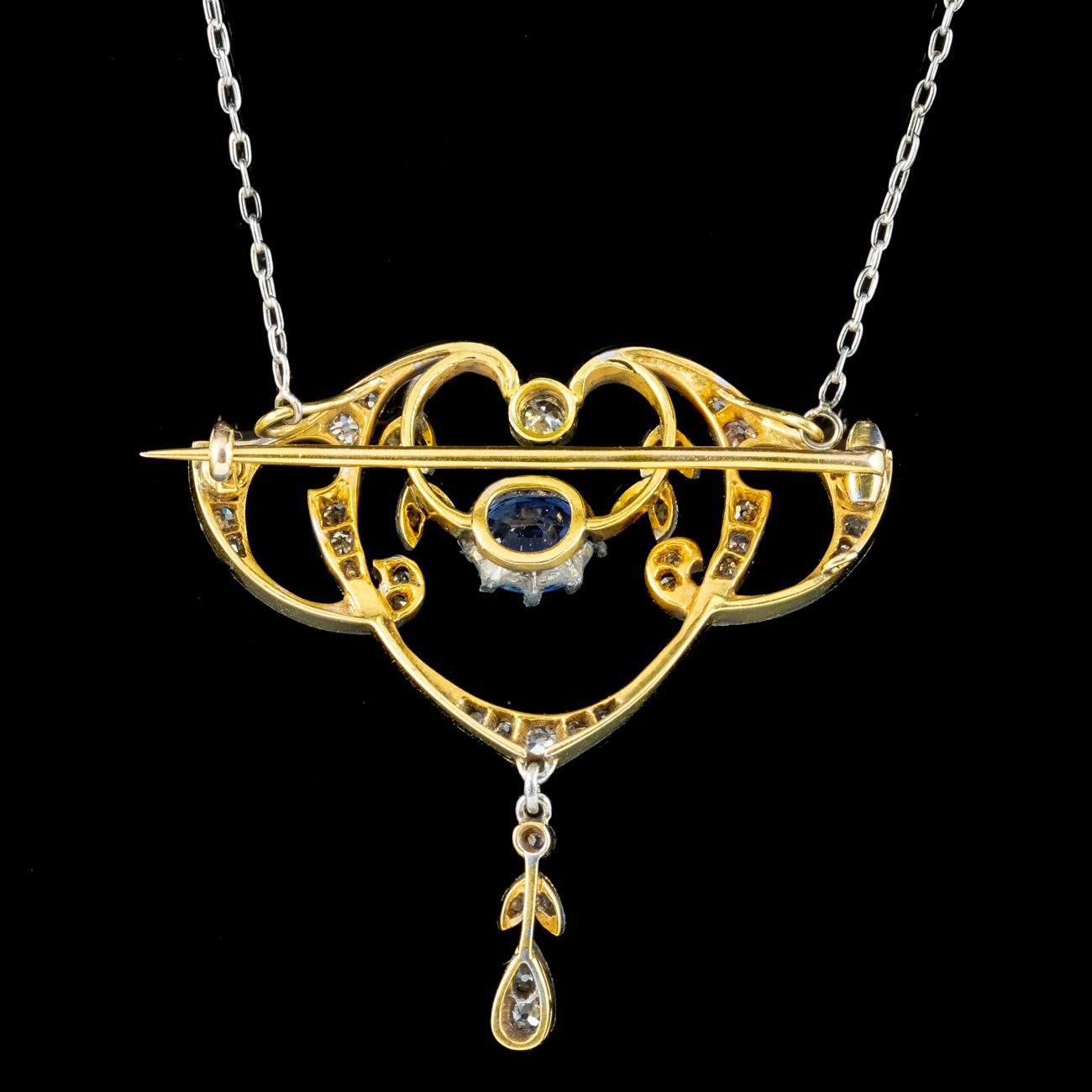 Antique Edwardian Ceylon Sapphire Diamond Lavaliere Pendant Necklace With Cert In Good Condition For Sale In Kendal, GB