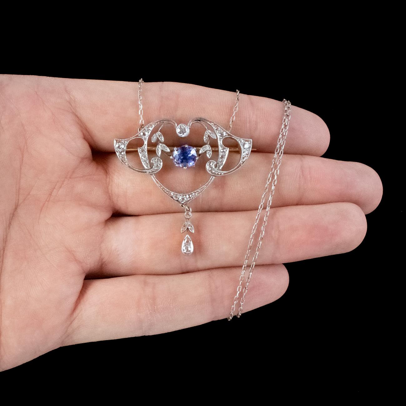 Antique Edwardian Ceylon Sapphire Diamond Lavaliere Pendant Necklace With Cert For Sale 1