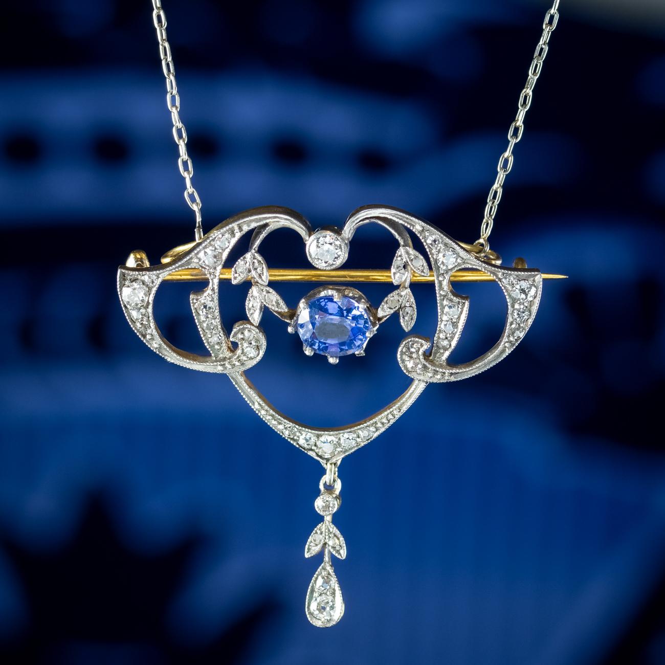 Antique Edwardian Ceylon Sapphire Diamond Lavaliere Pendant Necklace With Cert For Sale 2