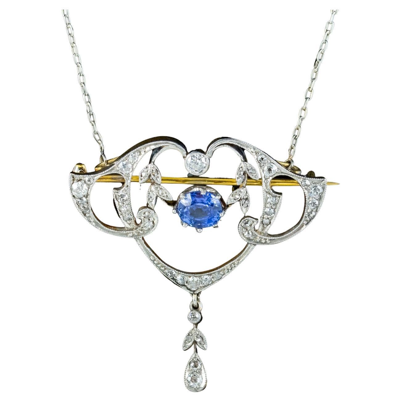 Antique Edwardian Ceylon Sapphire Diamond Lavaliere Pendant Necklace With Cert For Sale