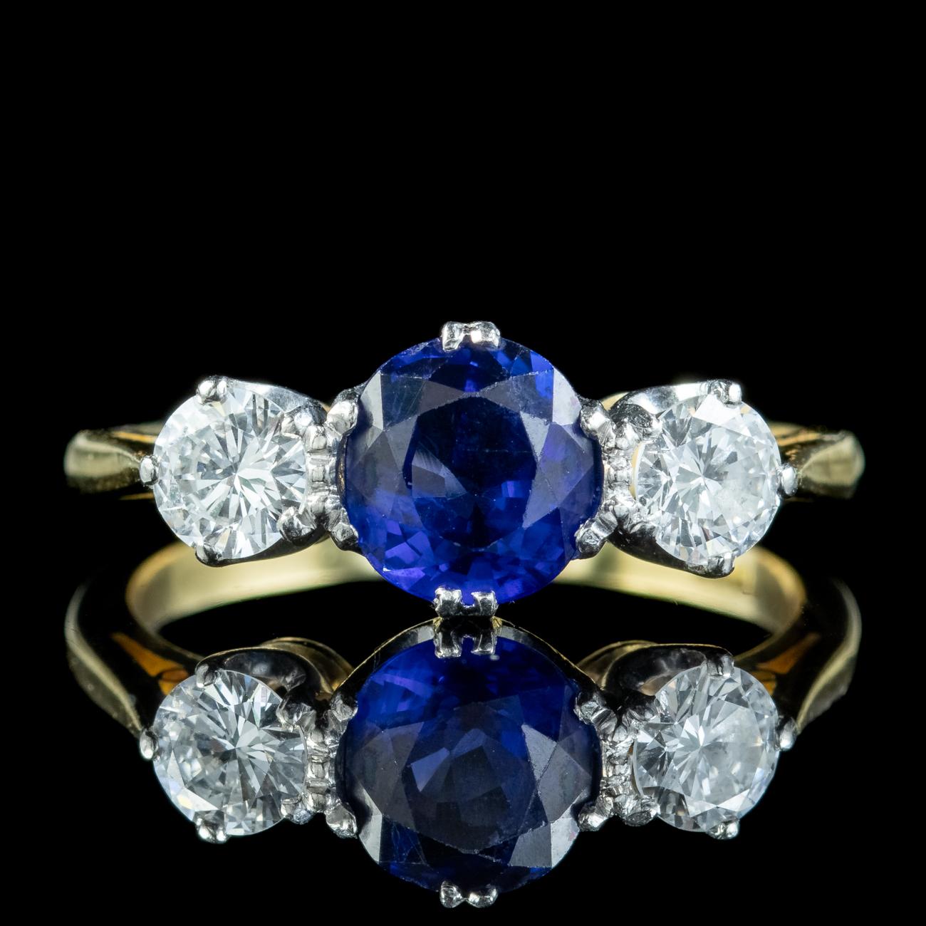 Brilliant Cut Antique Edwardian Ceylon Sapphire Diamond Trilogy Ring 1.51ct Sapphire With Cert For Sale