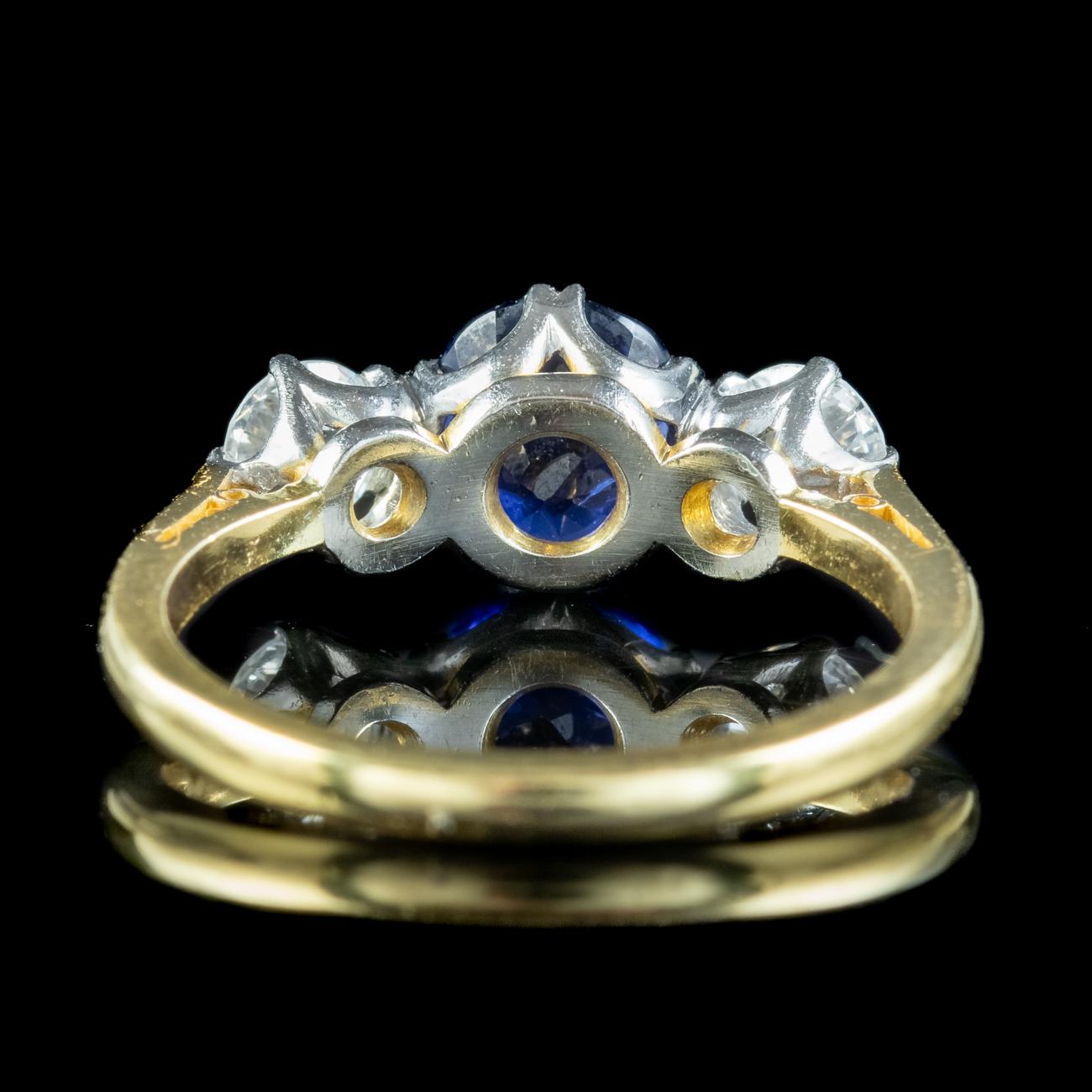 Women's Antique Edwardian Ceylon Sapphire Diamond Trilogy Ring 1.51ct Sapphire With Cert For Sale
