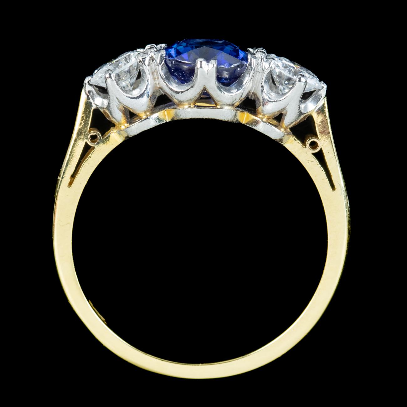 Antique Edwardian Ceylon Sapphire Diamond Trilogy Ring 1.51ct Sapphire With Cert For Sale 1