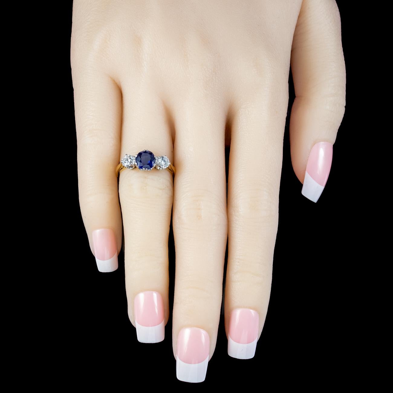 Antique Edwardian Ceylon Sapphire Diamond Trilogy Ring 1.51ct Sapphire With Cert For Sale 3